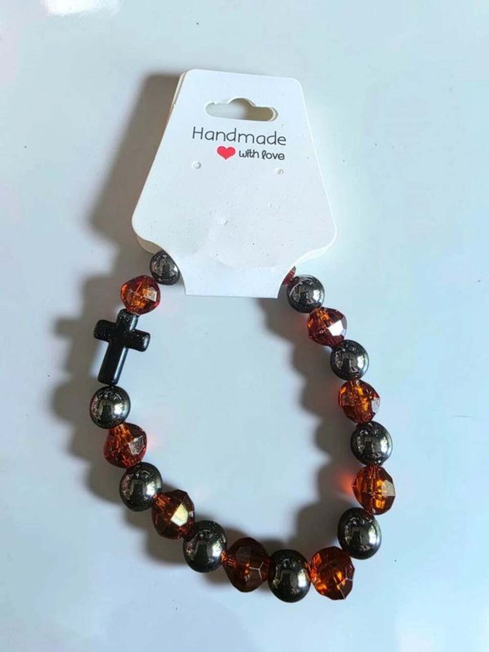 Hematite Amber Crystal Beaded Cross Stretch Bracelet